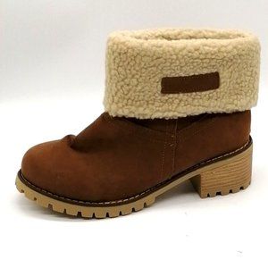 Womens Fold Over Ankle Snow Boot Brown Sherpa Lining Pull On Block Heel 7 NEW